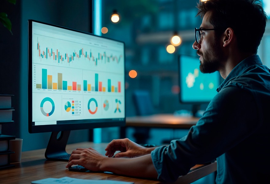 Dashboard de Business Intelligence com gráficos e indicadores financeiros